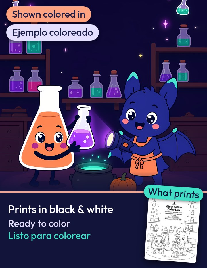 Glow Potion Color Lab cover art shown colored in: Fizz the smiling flask and Mixie the bat scientist mixing potions in a lab. Inset: the black-and-white cover that prints. Label: Prints in black and white, ready to color. Spanish: Ejemplo coloreado, listo para colorear.