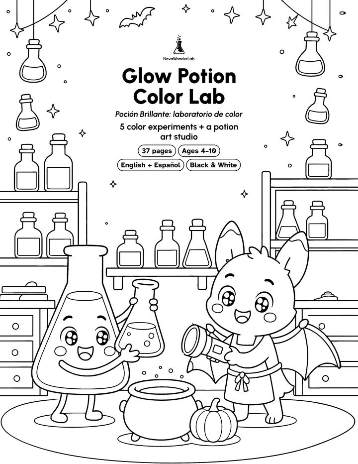 Black-and-white cover of the bilingual Glow Potion Color Lab, titled in English and Spanish, with a flask and a bat scientist in a potion lab.