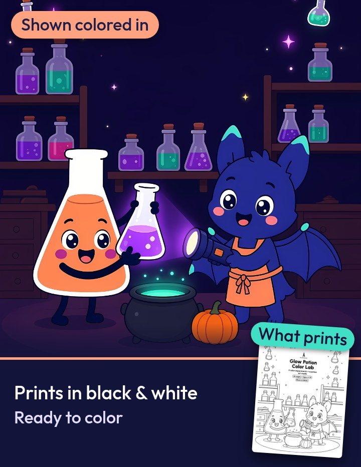 Glow Potion Color Lab cover art shown colored in: Fizz the smiling flask and Mixie the bat scientist mixing potions in a lab. Inset: the black-and-white cover that prints. Label: Prints in black and white, ready to color.