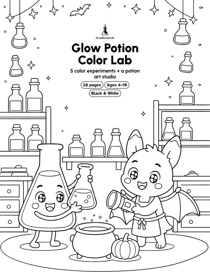Black-and-white cover of Glow Potion Color Lab: a smiling flask and a little bat scientist mixing potions in a lab, ready to color.
