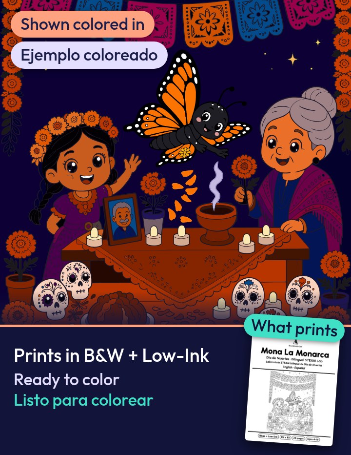 Mona the monarch butterfly with a girl and a grandmother at a Día de Muertos ofrenda, shown colored in.