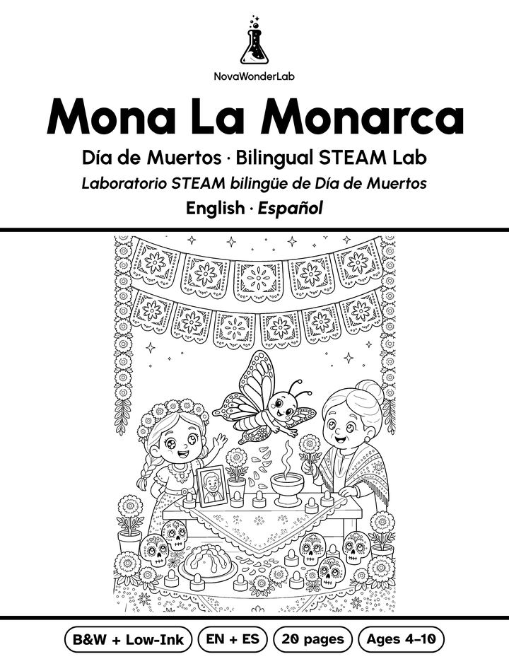 Black-and-white cover of Mona La Monarca: a monarch butterfly over an ofrenda with marigolds, sugar skulls and papel picado, ready to color.